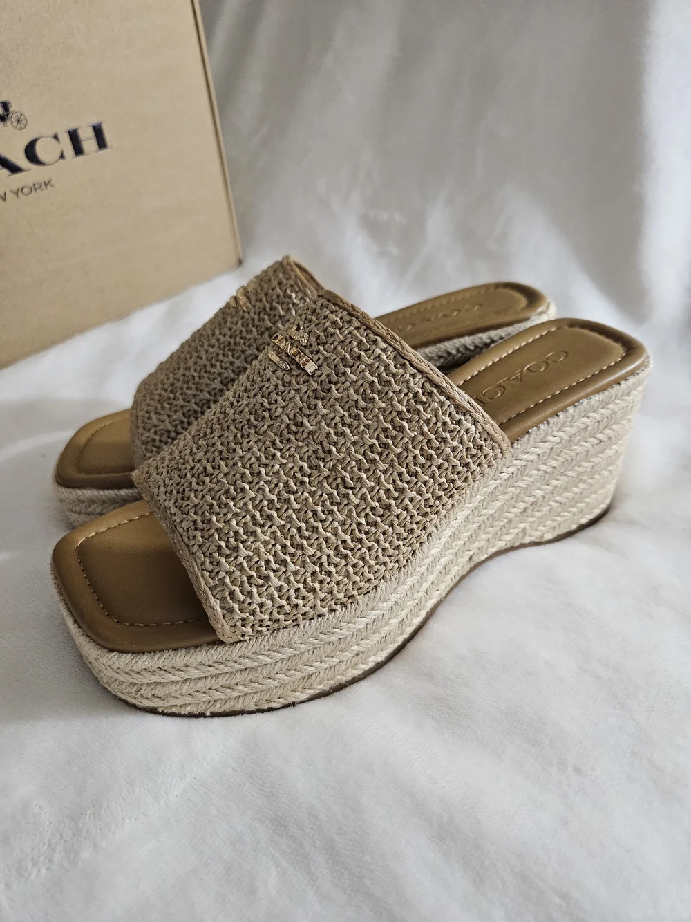 COACH Phobe Rafia Women's Natural Jute Woven Platform Slide Sandals 6.5B New